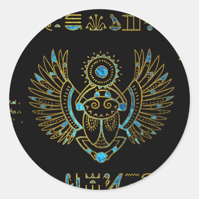 Egyptian Scarab Beetle Gold and blue stained glass Runder Aufkleber (Vorderseite)