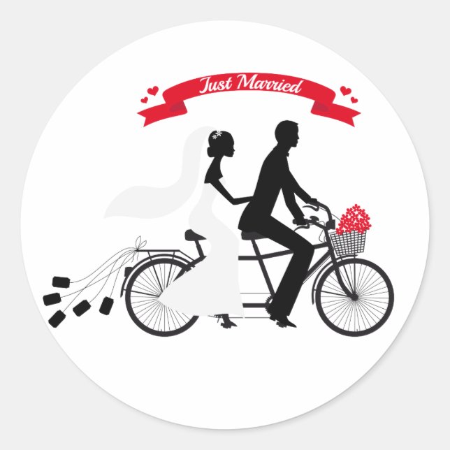 Ehe Braut und Bräutigam auf Tandemfahrrad Runder Aufkleber (Vorderseite)