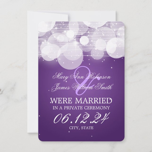 Ehe Elopement Glühen und Sparkeln Lila Ankündigung (Vorderseite)