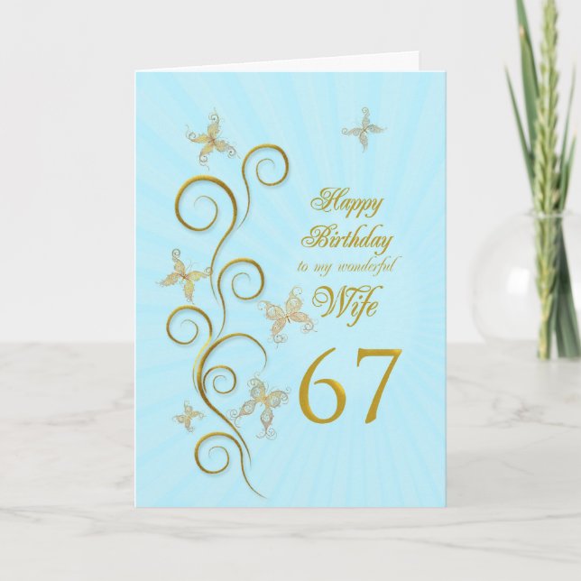 Ehefrau 67. Geburtstag mit goldenen Schmetterlinge Karte (Vorderseite)