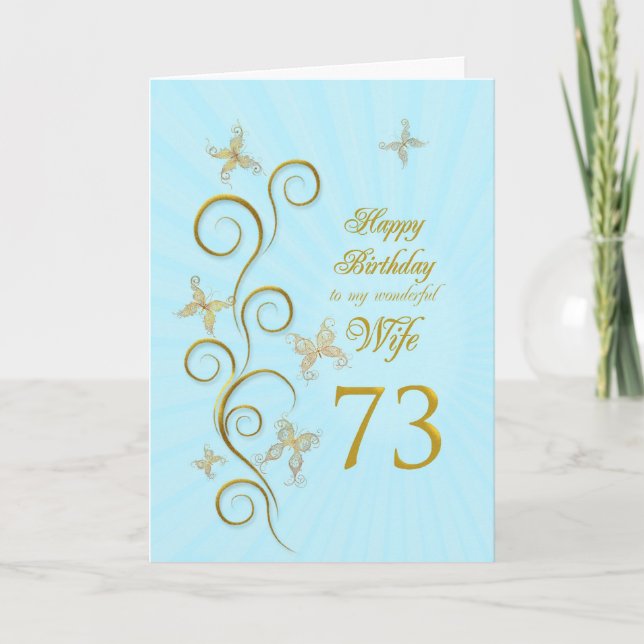 Ehefrau 73. Geburtstag mit goldenen Schmetterlinge Karte (Vorderseite)