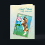 Ehefrau, alles Gute zum Geburtstag mit einer Karte<br><div class="desc">Katzen eines spielen niedliche Kalikos am Jagen eines gelben Schmetterlinges,  der auf einer Roten Rose gelandet ist. Eine spezielle Extrakarte für einen Katzenliebhaber. Copyright Norma Cornes.</div>