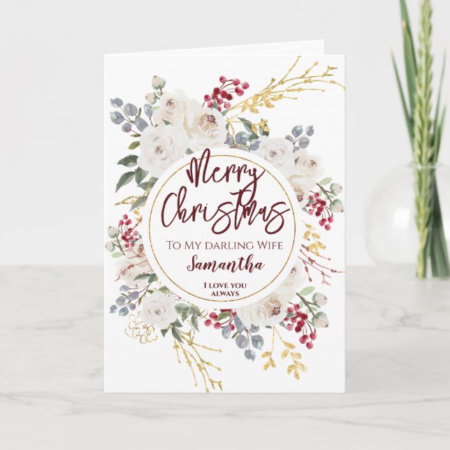 Ehefrau der Weihnachtszeit-Rose Feiertagskarte (Vorderseite)