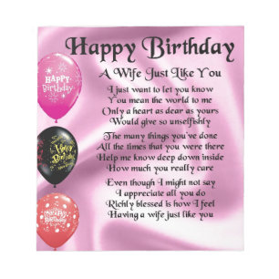 Ehefrau Gedicht - Happy Birthday Design Notizblock