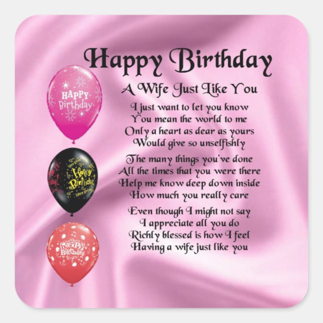 Ehefrau Gedicht - Happy Birthday Design Quadratischer Aufkleber (Vorderseite)