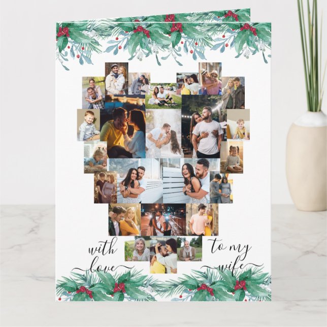 Ehefrau Herzfoto Collage Holly Mistletoe Weihnacht Karte (Vorderseite)