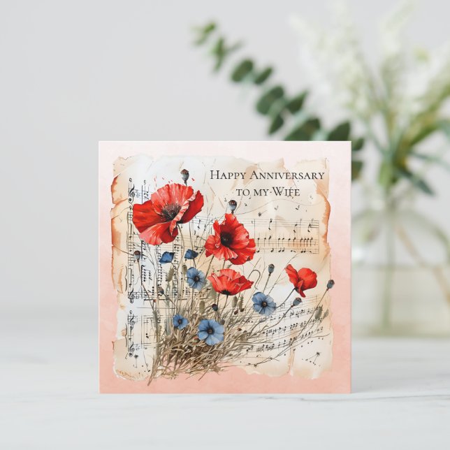 Ehefrau Jubiläum Blau und Orange Poppies Mitteilungskarte (Stehend Vorderseite)