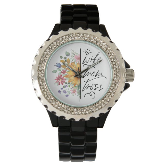 Ehefrau Mama Boss Badass Sonnenblumen Muttertag Armbanduhr (Vorderseite)