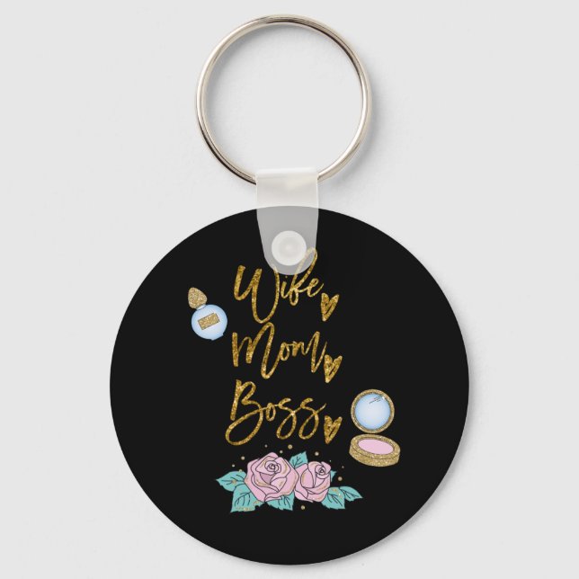 Ehefrau Mama Boss Gold Typografie auf schwarz Schlüsselanhänger (Vorderseite)