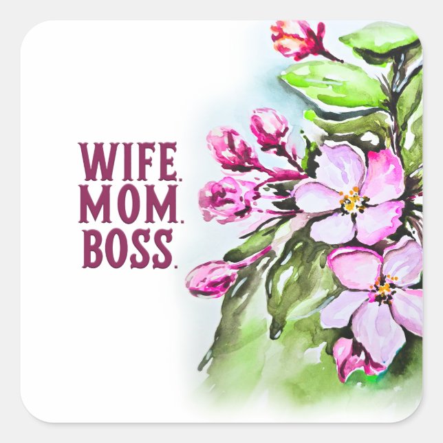 Ehefrau Mama Boss, rosa Blume Quadratischer Aufkleber (Vorderseite)
