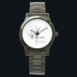 Ehepaar eines Gräuelschenkopfes, Monogrammname Cla Armbanduhr<br><div class="desc">Hochzeitsvater der Groom Geschenkmonogramm mit Personalisiertem Namen Classic Sporty Black Keepake Watch. Klicken Sie auf diese Vorlage personalisieren, um sie mit dem Monogramm Initial, dem Namen und dem Heiratsdatum schnell und einfach anzupassen. Der Name des Monogrammes des Heiratsvaters Classic Watch ist Teil der Geschenksammlung der Eltern, mit einer passenden Geschenkuhr...</div>