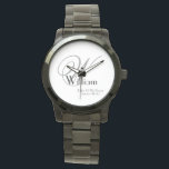 Ehepaar eines Gräuelschenkopfes, Monogrammname Cla Armbanduhr<br><div class="desc">Hochzeitsvater der Groom Geschenkmonogramm mit Personalisiertem Namen Classic Sporty Black Keepake Watch. Klicken Sie auf diese Vorlage personalisieren, um sie mit dem Monogramm Initial, dem Namen und dem Heiratsdatum schnell und einfach anzupassen. Der Name des Monogrammes des Heiratsvaters Classic Watch ist Teil der Geschenksammlung der Eltern, mit einer passenden Geschenkuhr...</div>