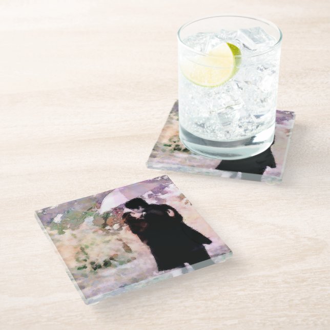 Ehepaar in Liebe Küssen im Regen Abstrakte Kunst Glasuntersetzer (Schrägansicht)