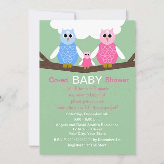 Ehepaare Coed Girl Baby Dusche Einladung Owls (Vorderseite)