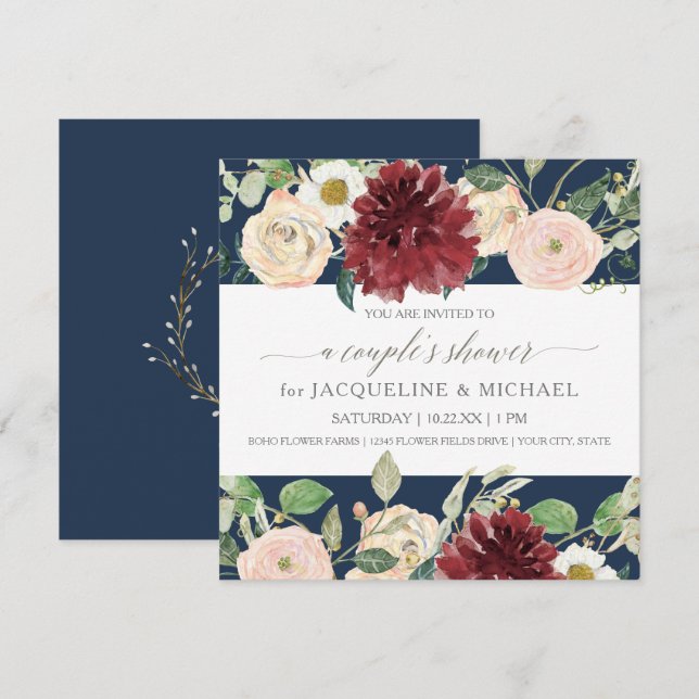 Ehepaare Dusche Navy Chrysanthemum Burgundy Rose Einladung (Vorne/Hinten)
