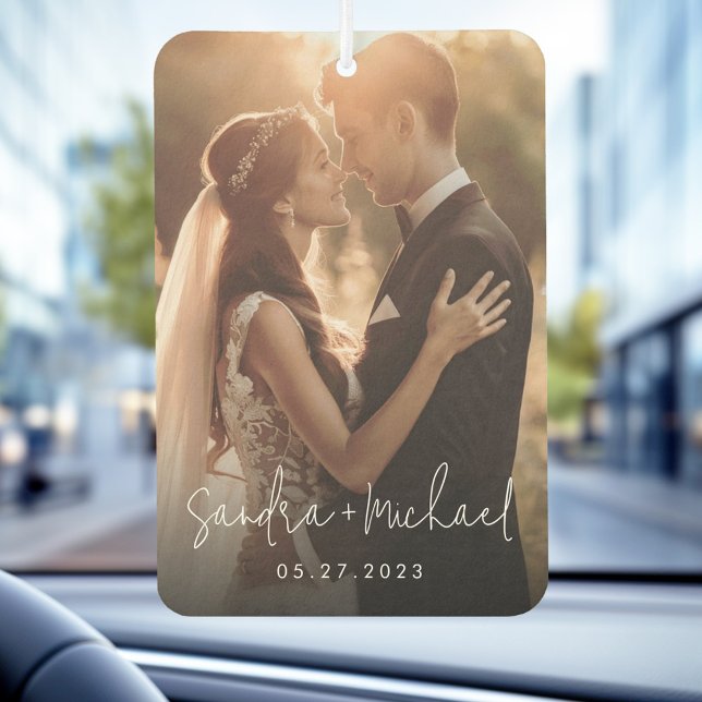 Ehepaare mit Hochzeitsstimmung Foto Autolufterfrischer (Wedding engagement couple names date photo air freshener)