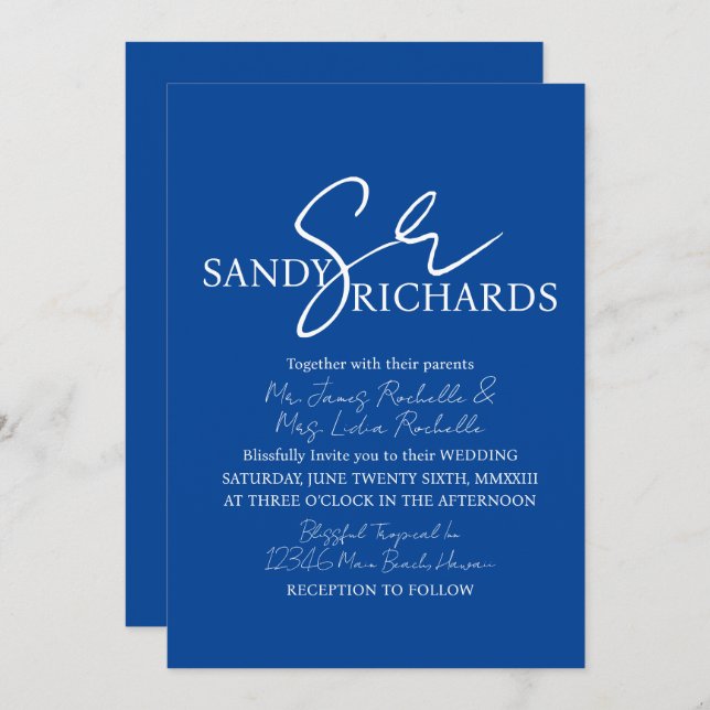 Ehepaare Mit Monogramm Blue White Script Wedding Einladung (Vorne/Hinten)