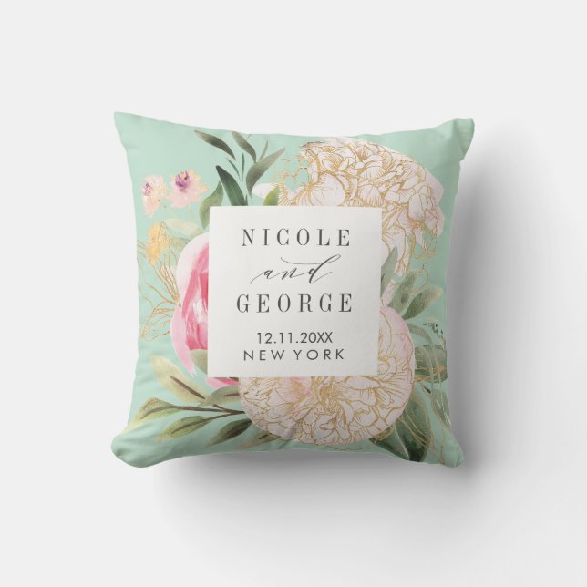 Eheresake aus Peony und Gold-Blume in Monogramm Kissen (Vorderseite)