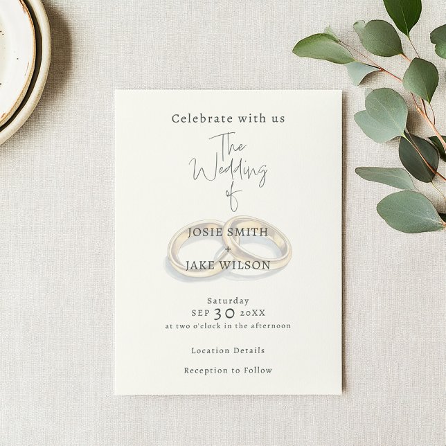 Eheschließungsringe Einladung (Wedding invitation with a soft background of an illustration of 2 gold wedding rings.)