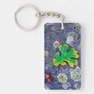 Eiche Leaf und Acorns auf einem von Lichen bedeckt Schlüsselanhänger