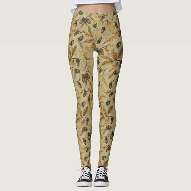Eichen und Eichen-Blätter auf Ekru Leggings (Vorderseite)