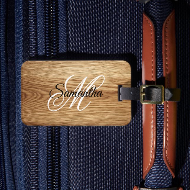 Eichenholz-Bild mit elegantem Monogramm Gepäckanhänger (Vorderseite Insitu 4)