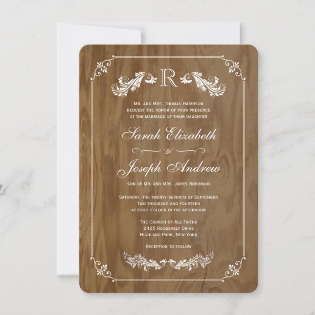 Eichenholz-Monogramm-Hochzeitsempfehlung Einladung (Vorderseite)