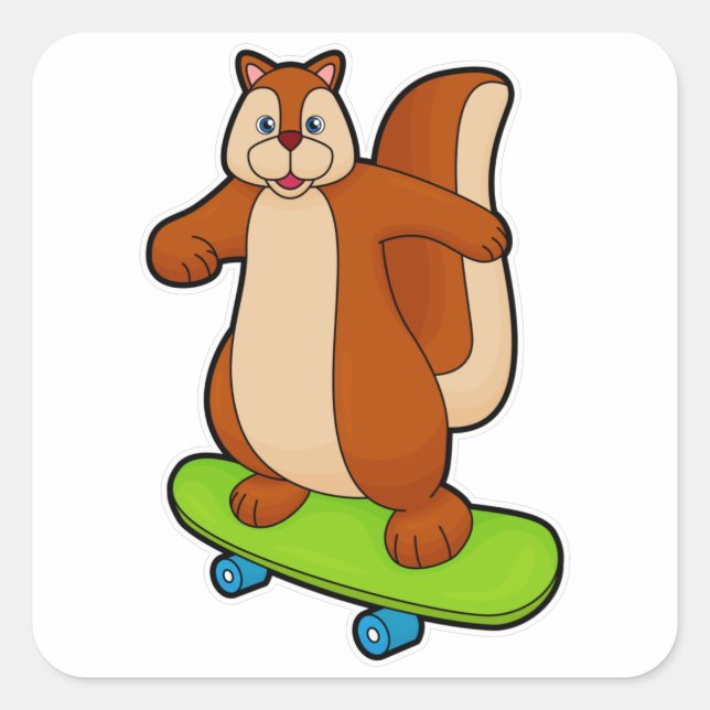 Eichhörnchen als Skater mit Skateboard Quadratischer Aufkleber (Vorderseite)