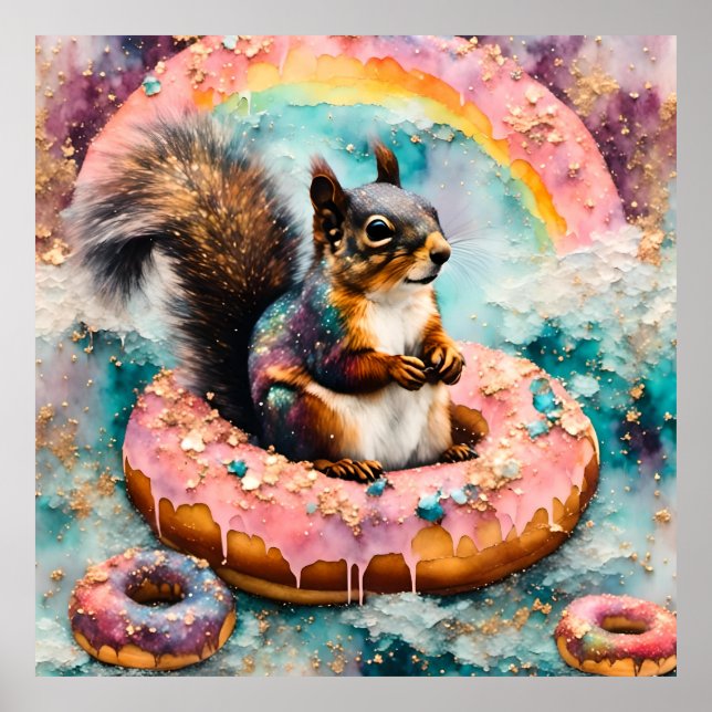Eichhörnchen auf dem Floating Glazed Donut Funny S Poster (Vorne)