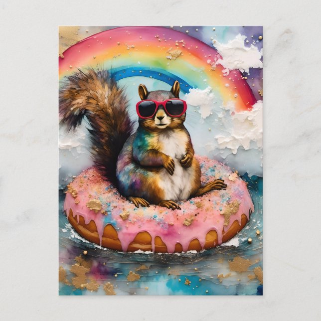 Eichhörnchen auf dem Floating Glazed Donut Funny V Postkarte (Vorderseite)