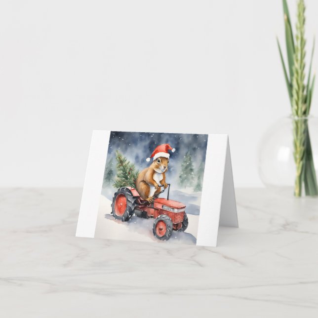 Eichhörnchen auf einem Traktor Weihnachten Karte (Vorderseite)