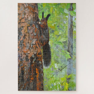 Eichhörnchen auf Kiefer – realistische Ölgemälde