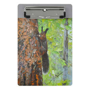 Eichhörnchen auf Kiefer – realistische Ölgemälde Mini Klemmbrett