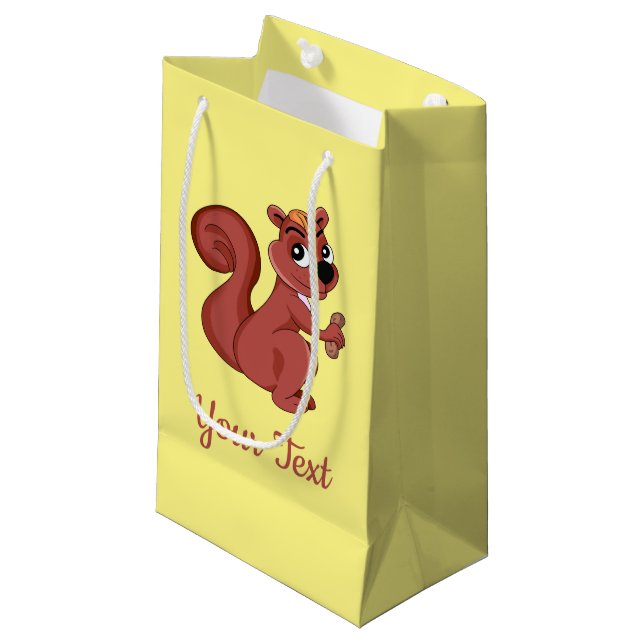 Eichhörnchen aus niedlichem Cartoon mit einer klei Kleine Geschenktüte (Vorderseite Schrägansicht)