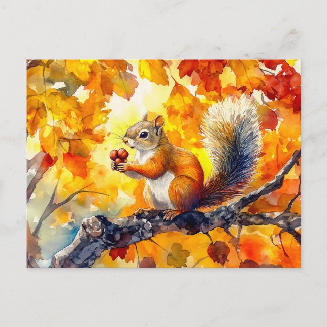 Eichhörnchen, das in einem bunten Herbstbaum eine  Postkarte (Vorderseite)