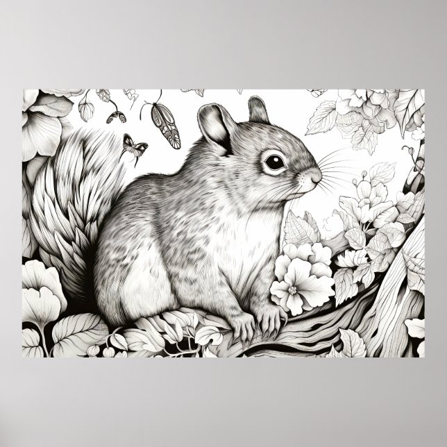 Eichhörnchen Friedliche Natur Prairie Sketch Zeich Poster (Vorne)