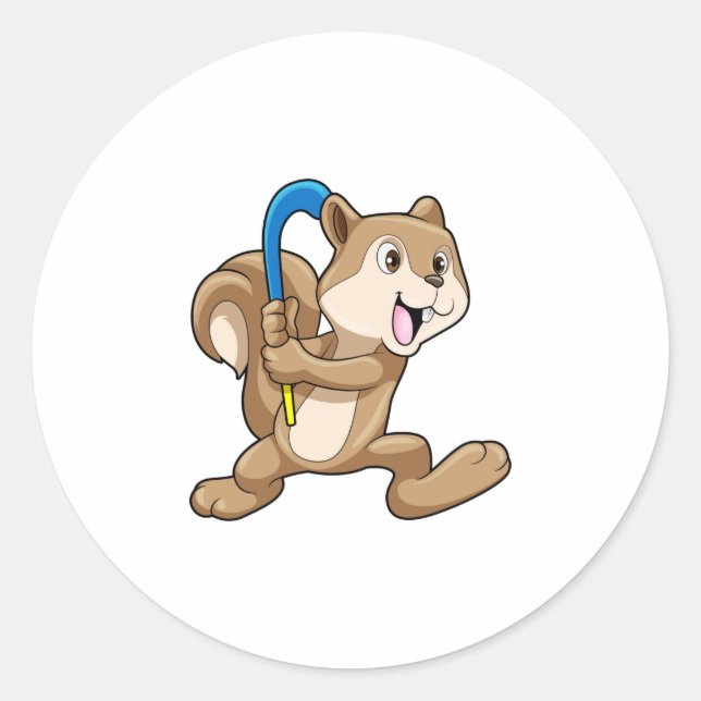Eichhörnchen im Feldhockey mit Stick Runder Aufkleber (Vorderseite)