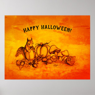 Eichhörnchen im Herbst, glückliches Halloween! Poster
