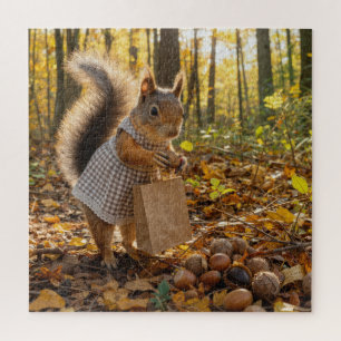 Eichhörnchen-Mädchen beim Nusskauf im herbstlichen