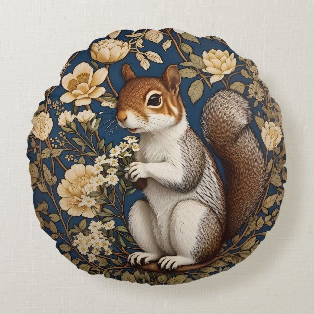 Eichhörnchen mit Acacia-Blume William Morris Rundes Kissen (Vorderseite)