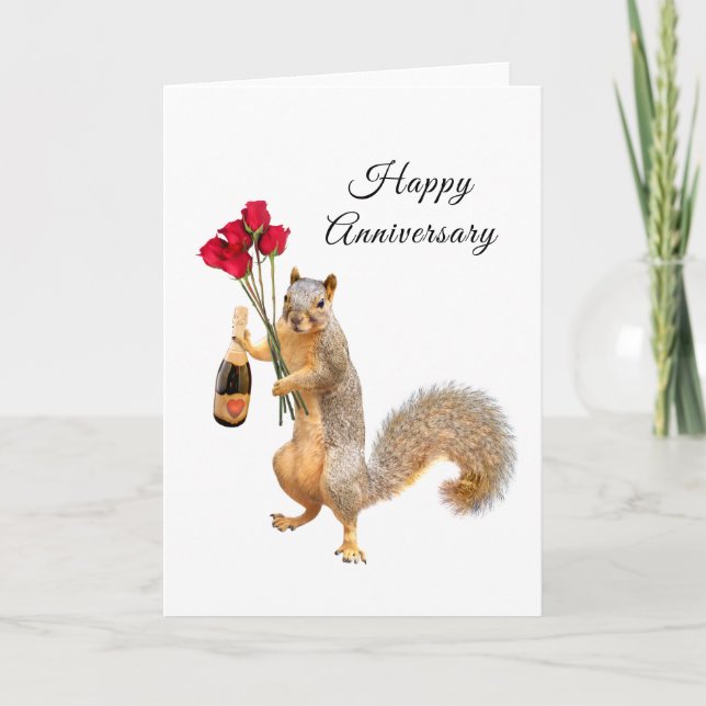 Eichhörnchen mit Champagner und Rose Jubiläumskart Karte (Vorderseite)