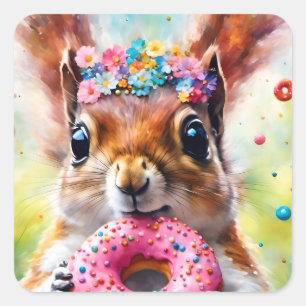 Eichhörnchen mit Donut Quadratischer Aufkleber
