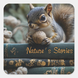 Eichhörnchen mit Nut on Antique Books, Nature's St Quadratischer Aufkleber