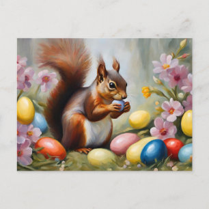 Eichhörnchen mit Ostereiern und Frühlingsblumen Feiertagspostkarte