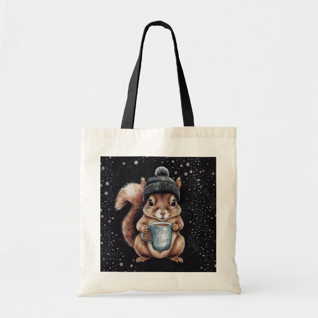 Eichhörnchen mit Tasse und Schnee „Stay Warm“ Tragetasche (Vorne)