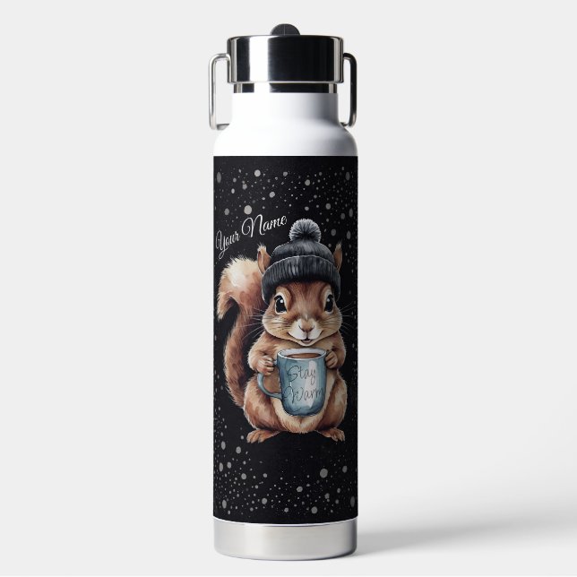 Eichhörnchen mit Tasse und Schnee „Stay Warm“ Trinkflasche (Vorderseite)