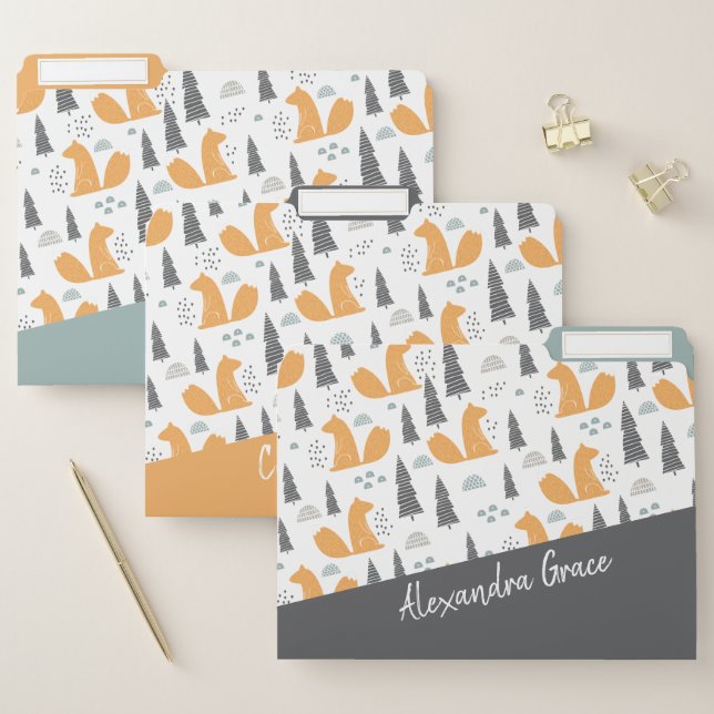 Eichhörnchen Muster Grau Orange Green Personalisie Papiermappe (Set)