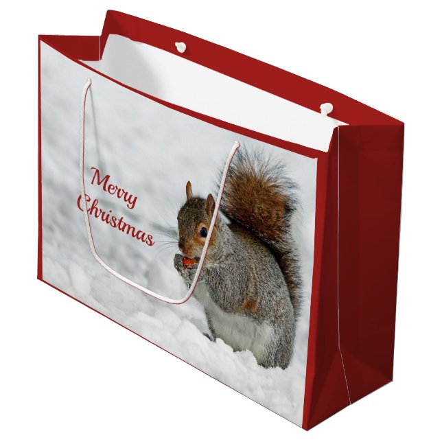 Eichhörnchen Red Berry Snow Foto Weihnachten Große Geschenktüte (Vorderseite Schrägansicht)