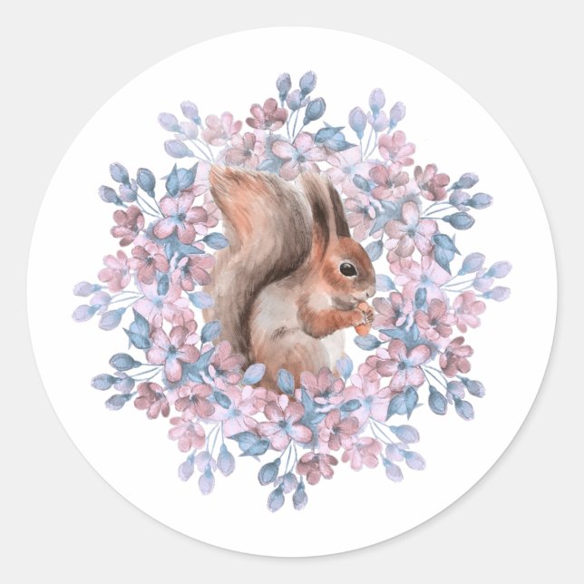 Eichhörnchen und Blume Runder Aufkleber (Vorderseite)