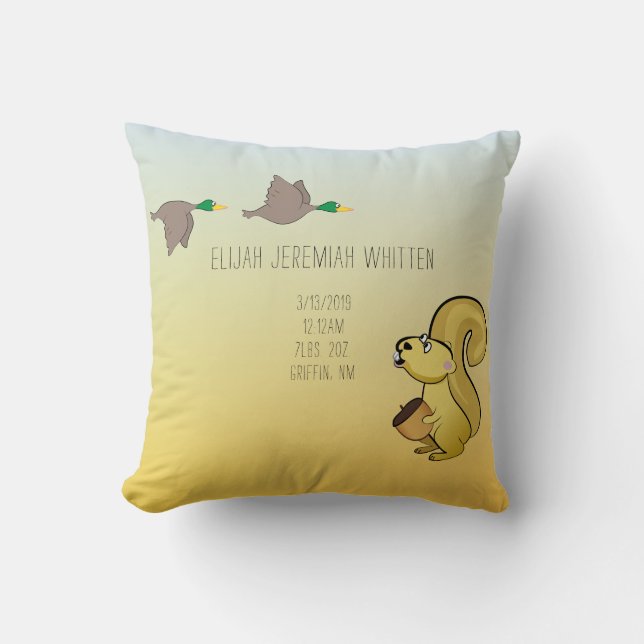 Eichhörnchen und Entenbaby Birth Stats Kissen (Vorderseite)